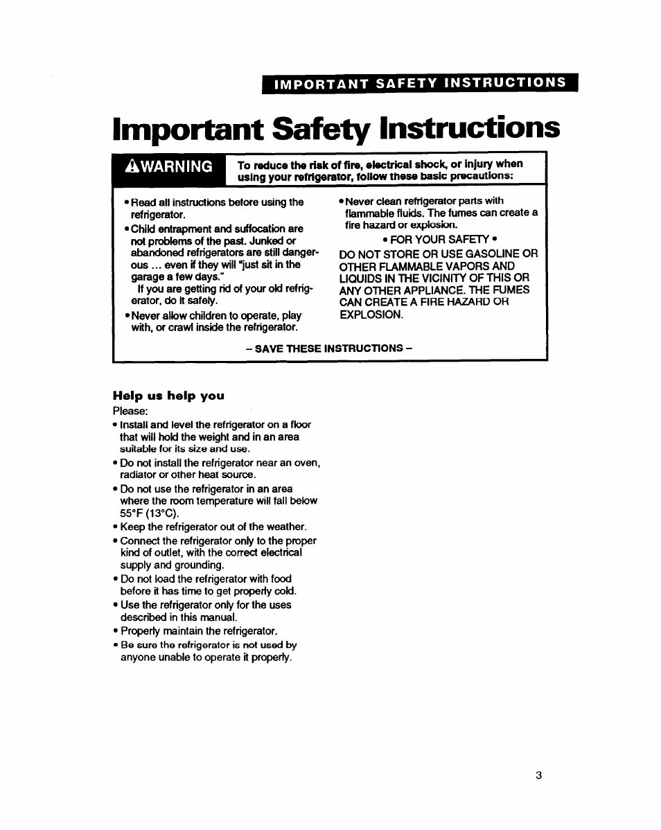 Important safety instructions, Help us help you, Important safety | Instructions, Awarning | Whirlpool EDZZDQ User Manual | Page 3 / 30