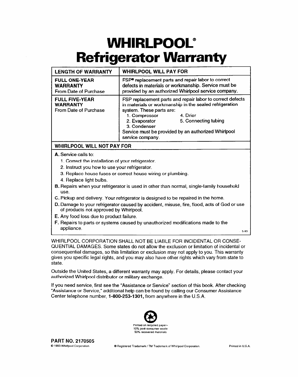 Whirlpool^ refrigerator warranty | Whirlpool EDZZDQ User Manual | Page 30 / 30