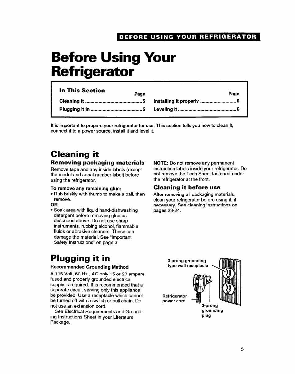 Before using your refrigerator, Cleaning it, Removing packaging materials | Cleaning it before use, Plugging it in | Whirlpool EDZZDQ User Manual | Page 5 / 30