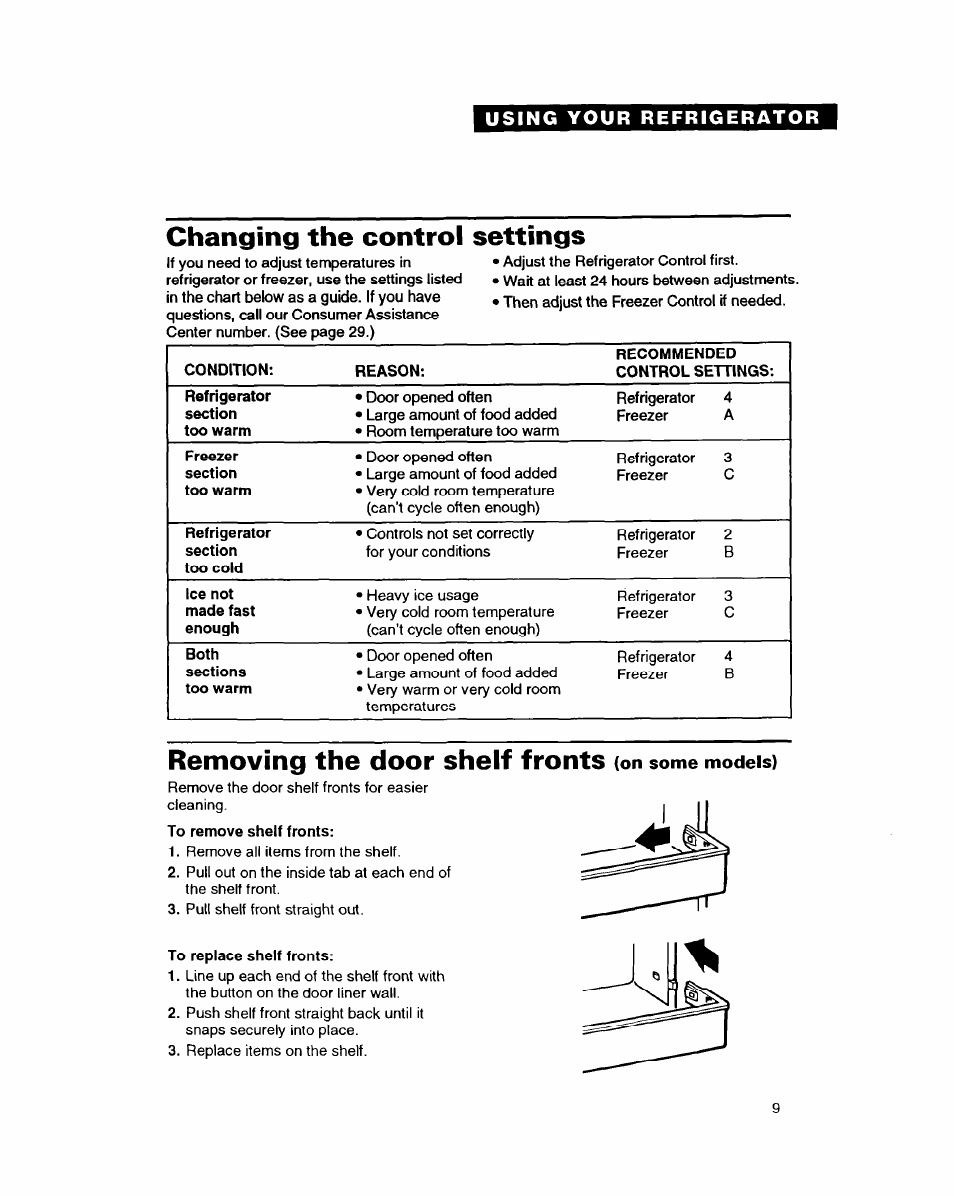 Changing the control settings, Removing the door shelf fronts (on some models), Removing the door shelf fronts | On some models) | Whirlpool EDZZDQ User Manual | Page 9 / 30