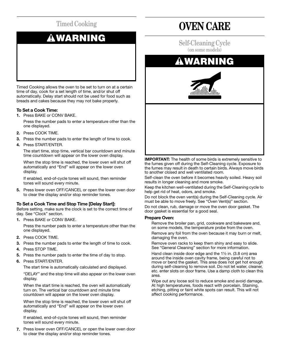 Oven care, Warning, Timed cooking | Self-cleaning cycle | Whirlpool GSC278 YGSC278 User Manual | Page 12 / 16