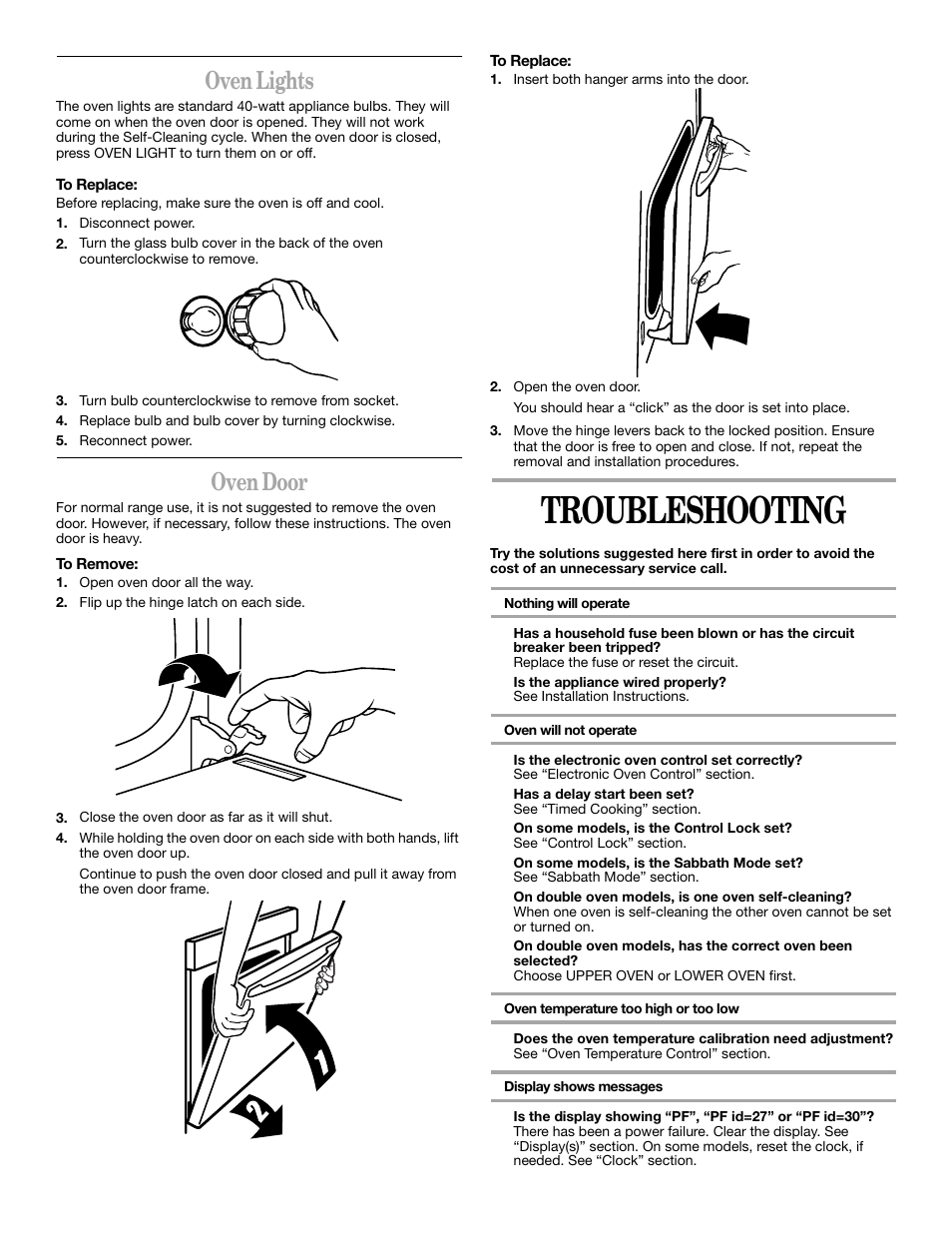 Troubleshooting, Oven lights, Oven door | Whirlpool GSC278 YGSC278 User Manual | Page 14 / 16