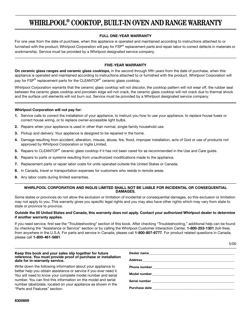 Warranty, Whirlpool, Cooktop, built-in oven and range warranty | Whirlpool GSC278 YGSC278 User Manual | Page 16 / 16