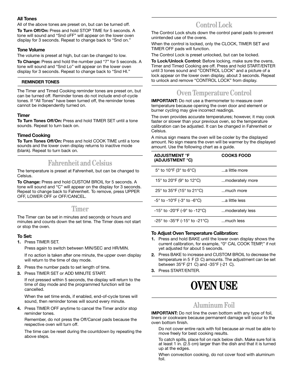 Oven use, Fahrenheit and celsius, Timer | Control lock, Oven temperature control, Aluminum foil | Whirlpool GSC278 YGSC278 User Manual | Page 7 / 16