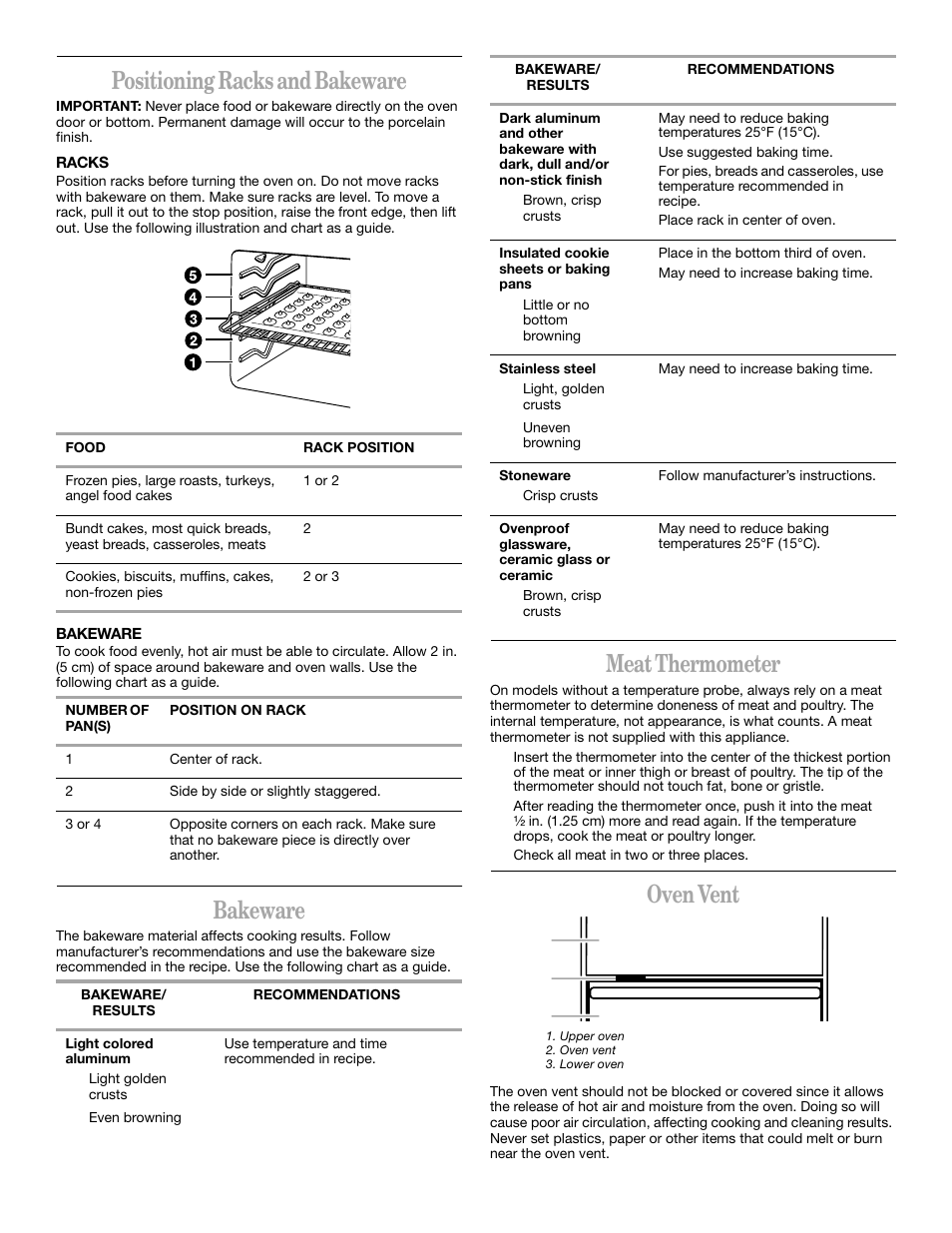 Positioning racks and bakeware, Bakeware, Meat thermometer | Oven vent | Whirlpool GSC278 YGSC278 User Manual | Page 8 / 16
