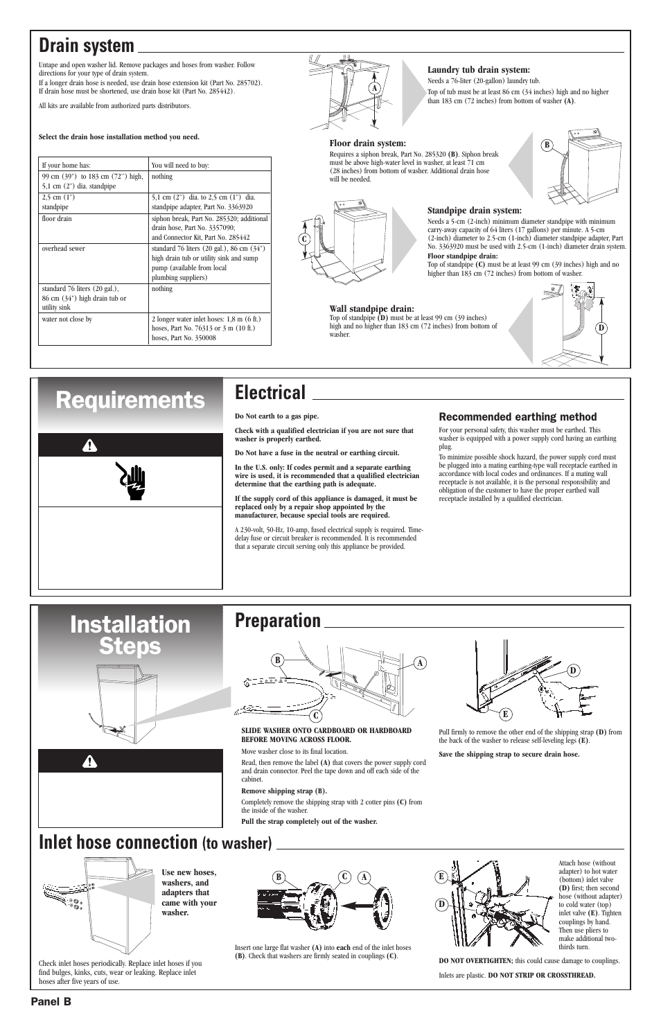 Requirements, Installation steps, Requirements installation steps | Electrical, Preparation inlet hose connection, Drain system, Warning | Whirlpool 3SLSQ7533 User Manual | Page 3 / 5
