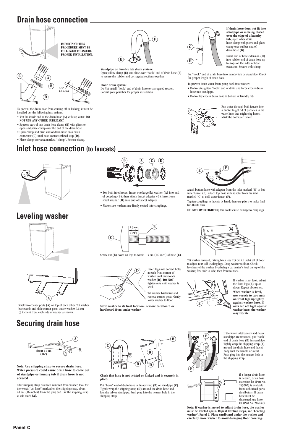 Inlet hose connection, Leveling washer securing drain hose, Drain hose connection | Whirlpool 3SLSQ7533 User Manual | Page 4 / 5