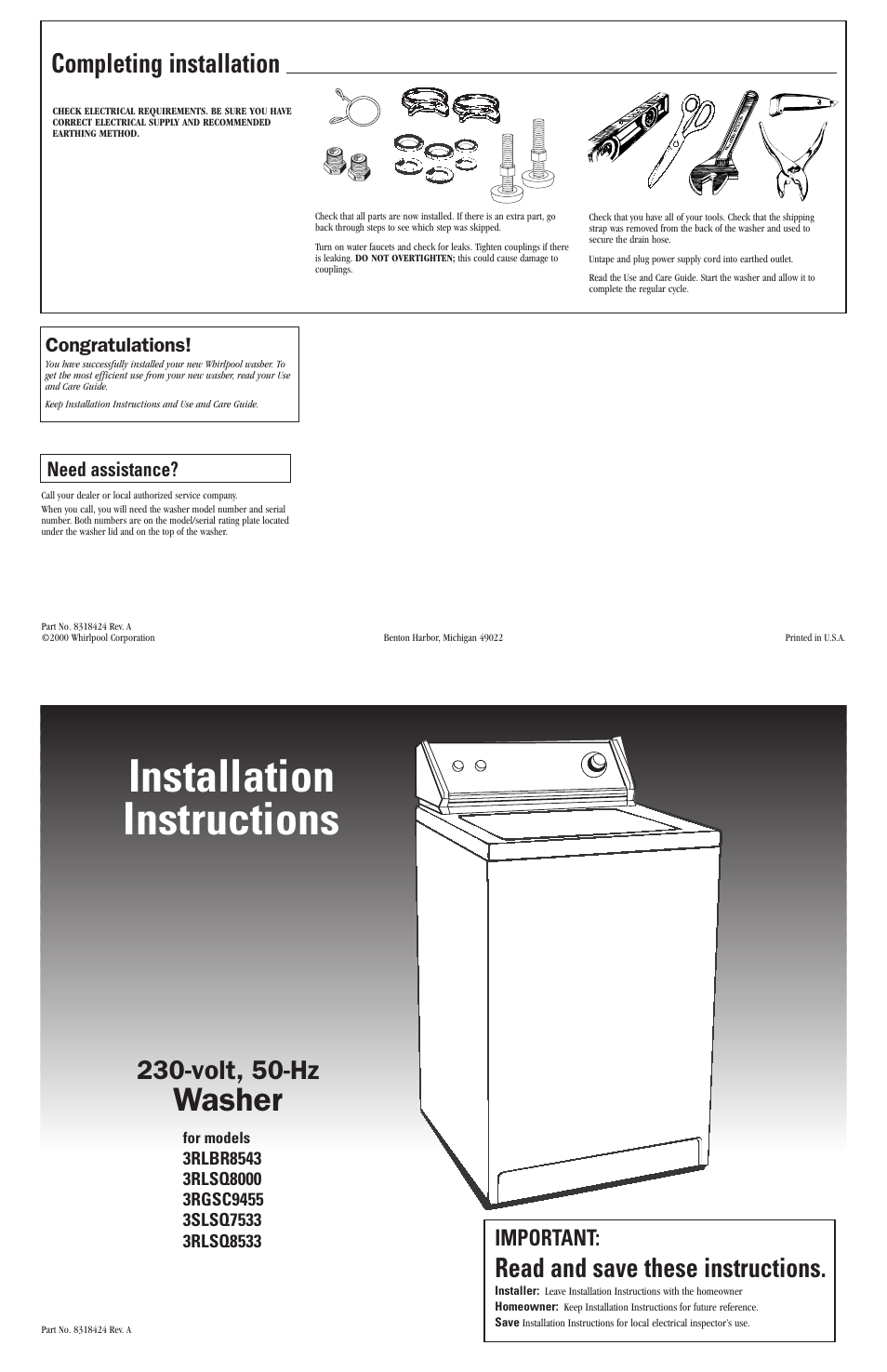 Completing installation, Need assistance, Installation instructions | Washer, Read and save these instructions, Volt, 50-hz, Important | Whirlpool 3SLSQ7533 User Manual | Page 5 / 5