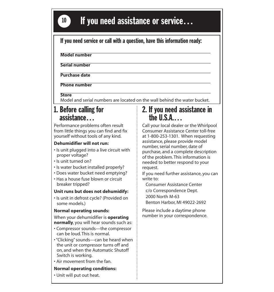 If you need assistance or service, Safety information, Before calling for assistance | If you need assistance in the u.s.a | Whirlpool AD40LJ0 User Manual | Page 10 / 24