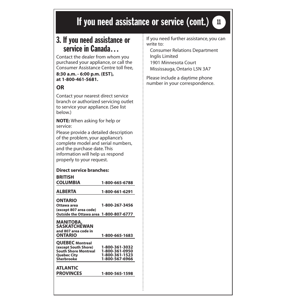 If you need assistance or service (cont.), If you need assistance or service in canada | Whirlpool AD40LJ0 User Manual | Page 11 / 24