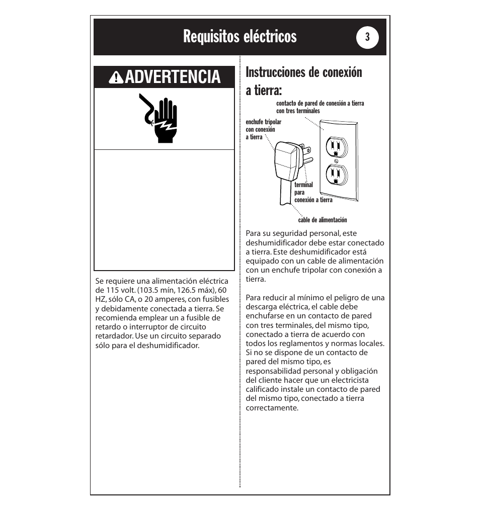 Requisitos eléctricos, Advertencia, Instrucciones de conexión a tierra | Whirlpool AD40LJ0 User Manual | Page 15 / 24