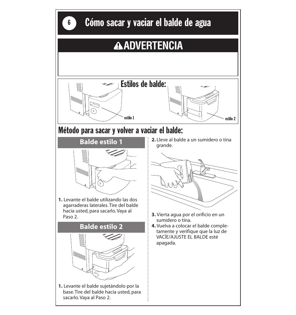 Cómo sacar y vaciar el balde de agua, Advertencia, Método para sacar y volver a vaciar el balde | Estilos de balde | Whirlpool AD40LJ0 User Manual | Page 18 / 24