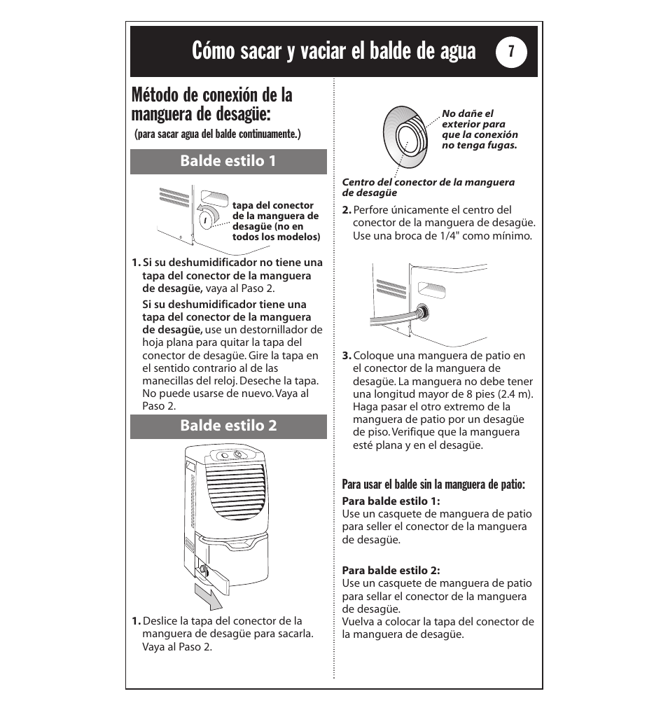 Cómo sacar y vaciar el balde de agua, Método de conexión de la manguera de desagüe, Balde estilo 1 balde estilo 2 | Whirlpool AD40LJ0 User Manual | Page 19 / 24