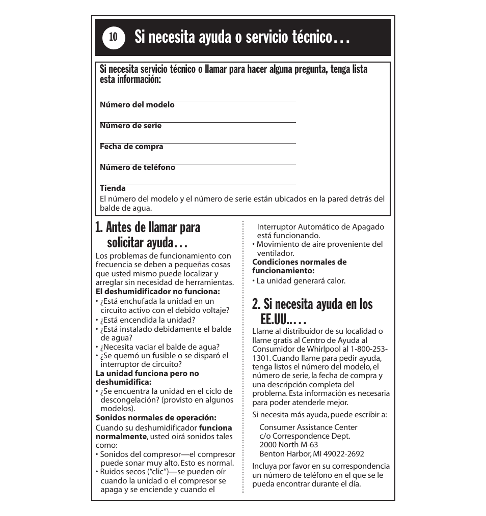 Si necesita ayuda o servicio técnico, Antes de llamar para solicitar ayuda, Si necesita ayuda en los ee.uu | Whirlpool AD40LJ0 User Manual | Page 22 / 24