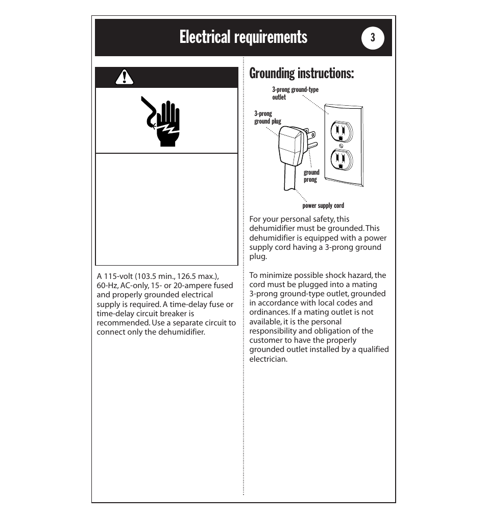 Electrical requirements, Warning, Grounding instructions | Whirlpool AD40LJ0 User Manual | Page 3 / 24