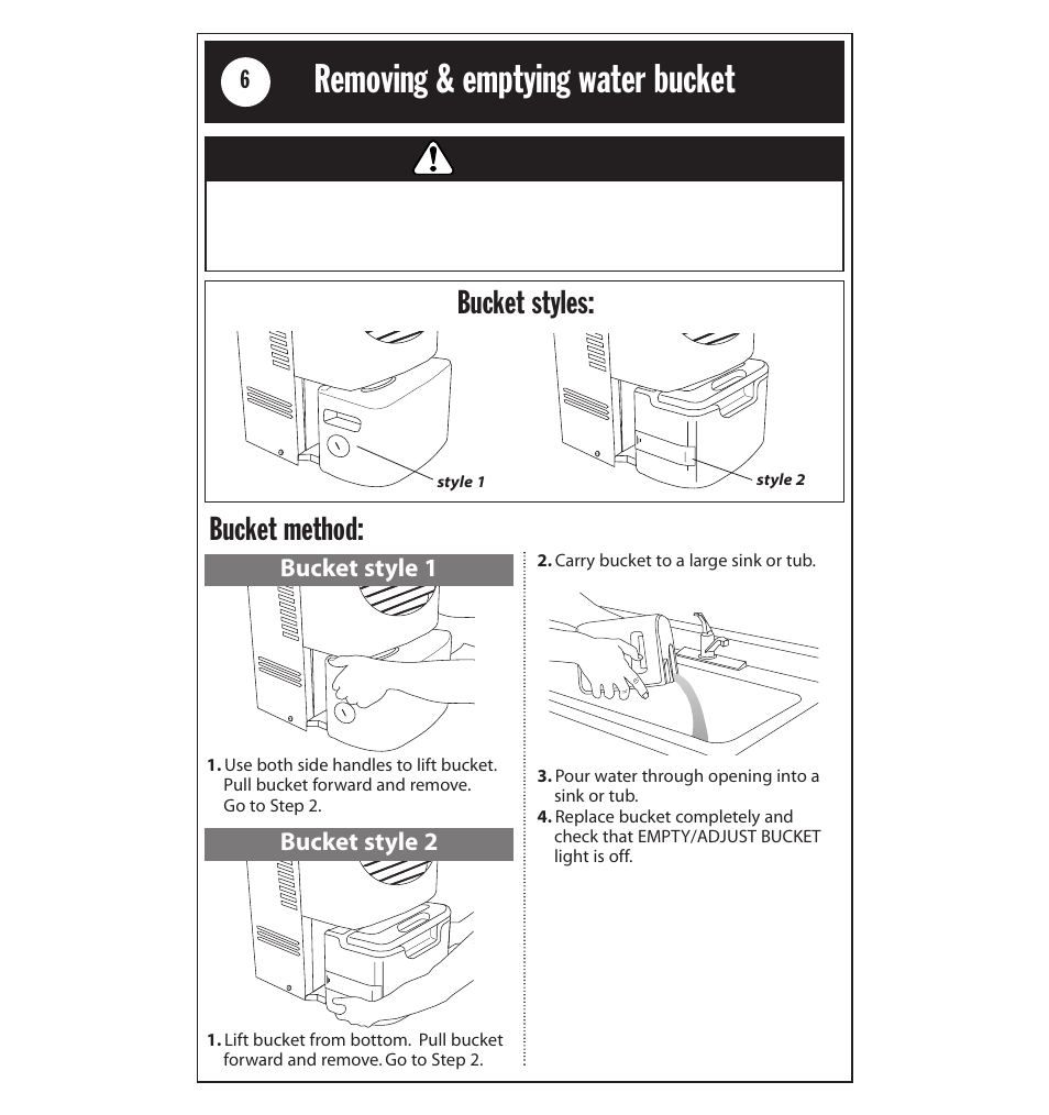 Removing & emptying water bucket, Warning, Bucket method: bucket styles | Whirlpool AD40LJ0 User Manual | Page 6 / 24