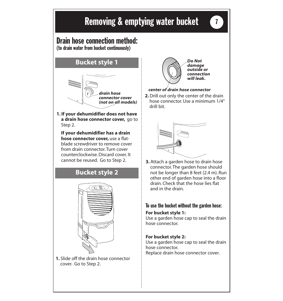 Removing & emptying water bucket, Drain hose connection method, Bucket style 1 | Bucket style 2 | Whirlpool AD40LJ0 User Manual | Page 7 / 24