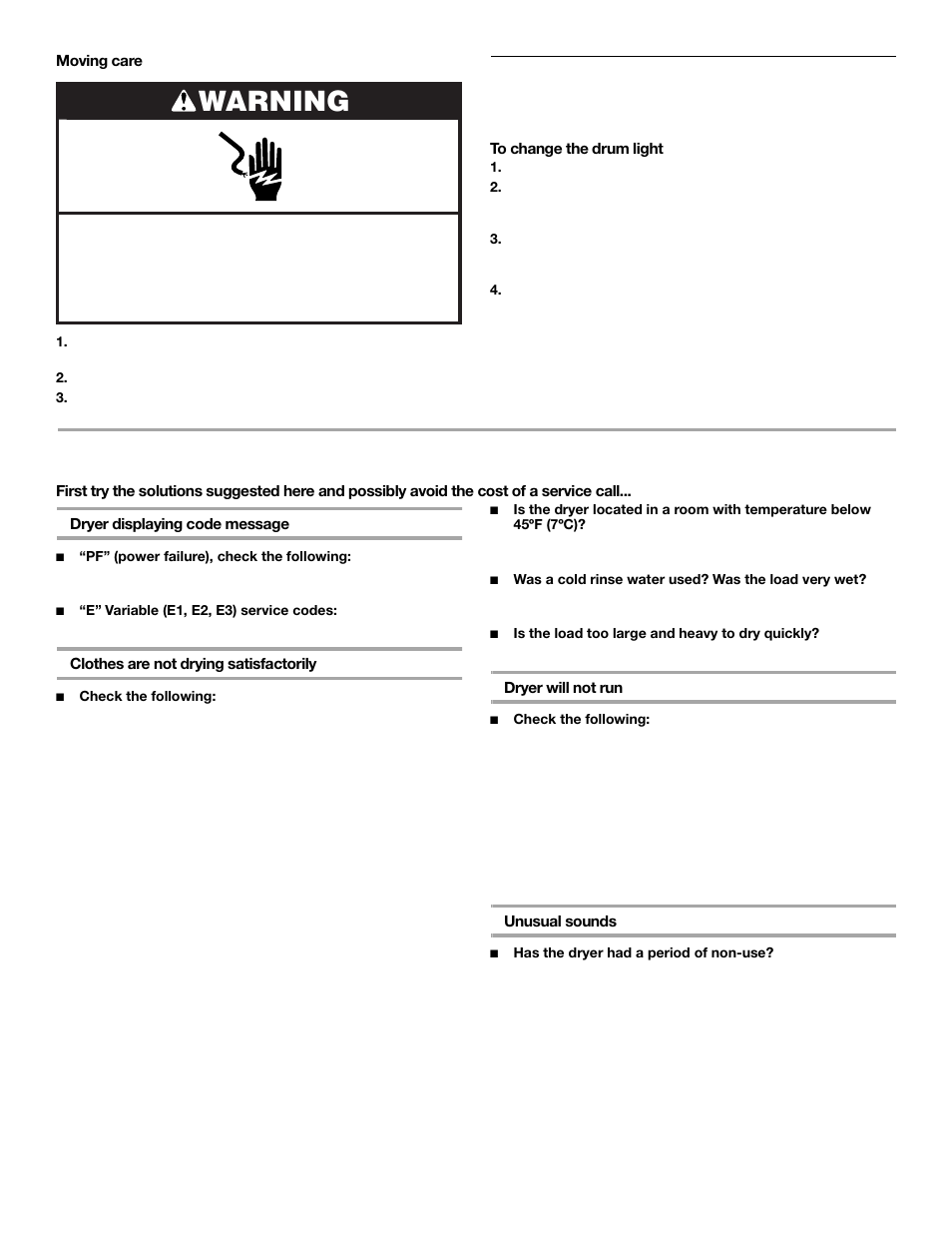 Troubleshooting, Warning, Changing the drum light | Whirlpool ELECTRONIC ELECTRIC DRYER User Manual | Page 22 / 24