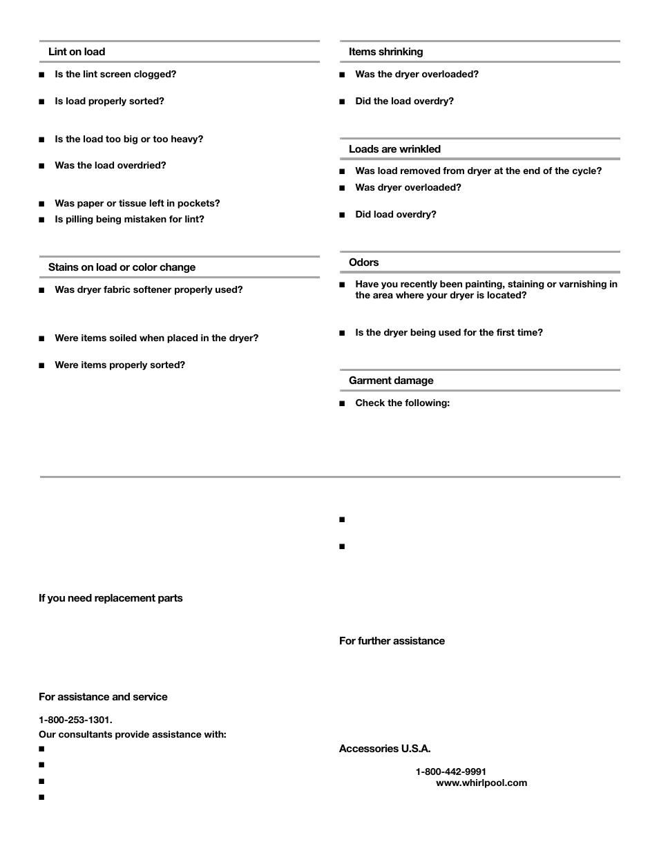 Assistance or service | Whirlpool ELECTRONIC ELECTRIC DRYER User Manual | Page 23 / 24