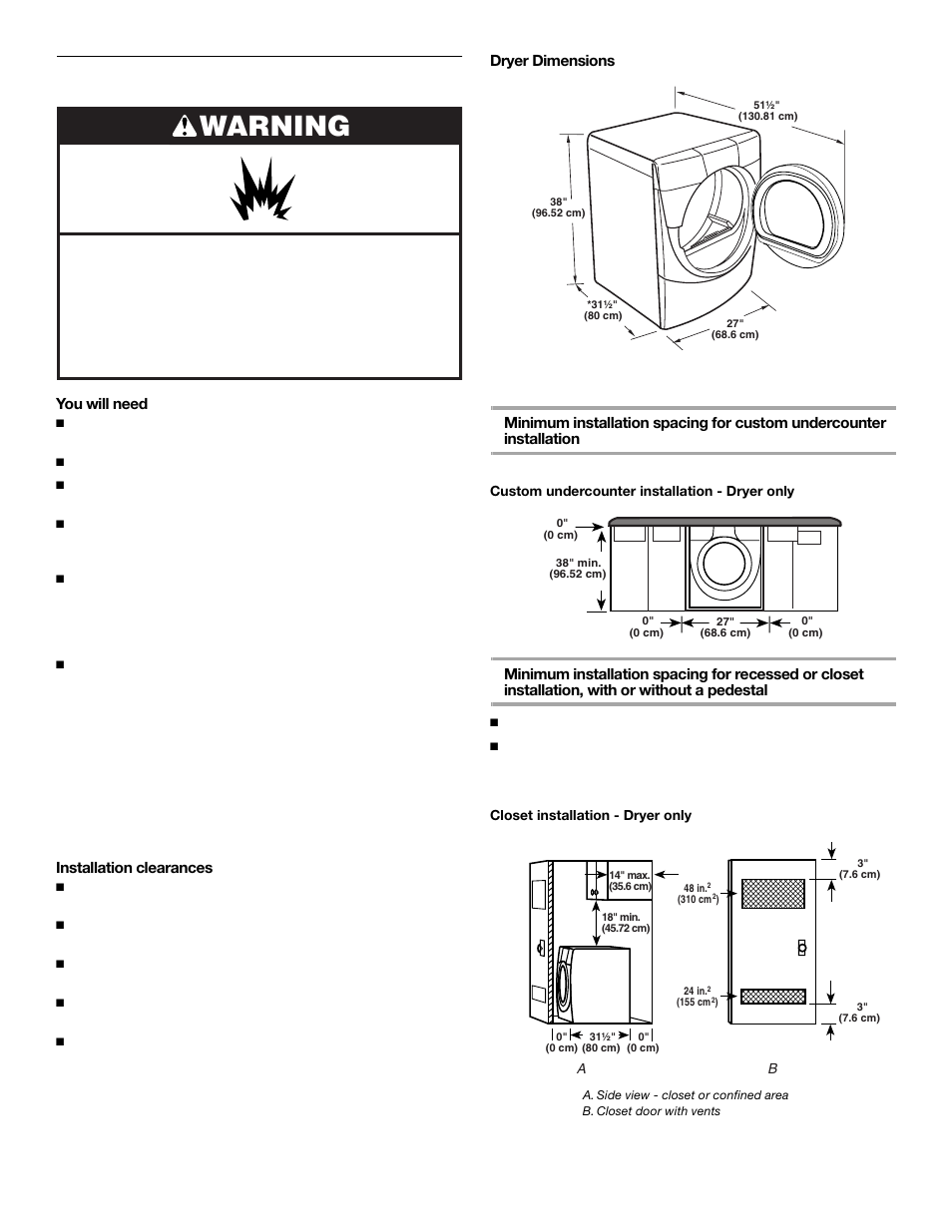 Warning, Location requirements | Whirlpool ELECTRONIC ELECTRIC DRYER User Manual | Page 5 / 24