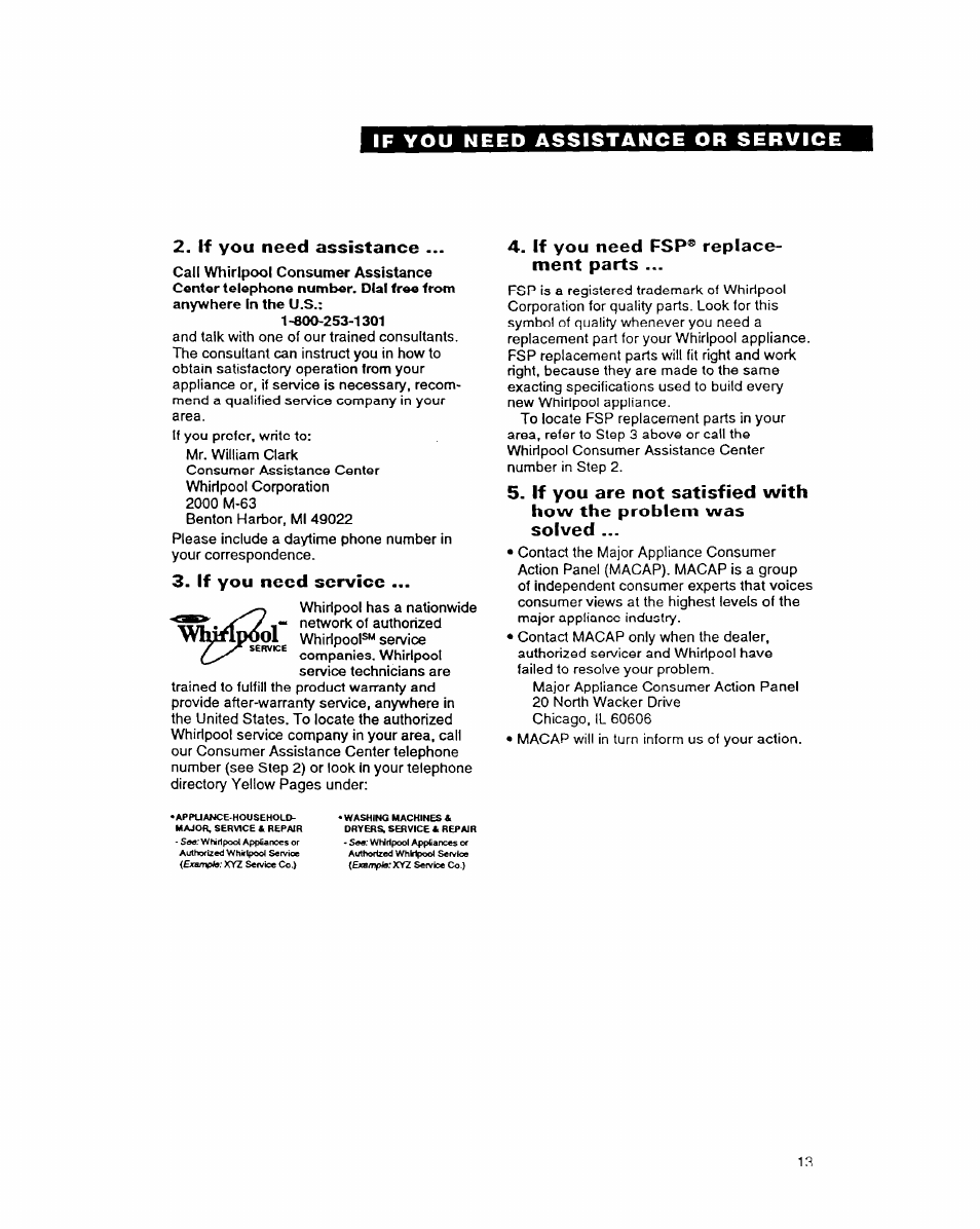 If you need assistance, If you need service, If you need fsp® replace­ ment parts | Whirlpool COMPACT FREEZER User Manual | Page 13 / 14