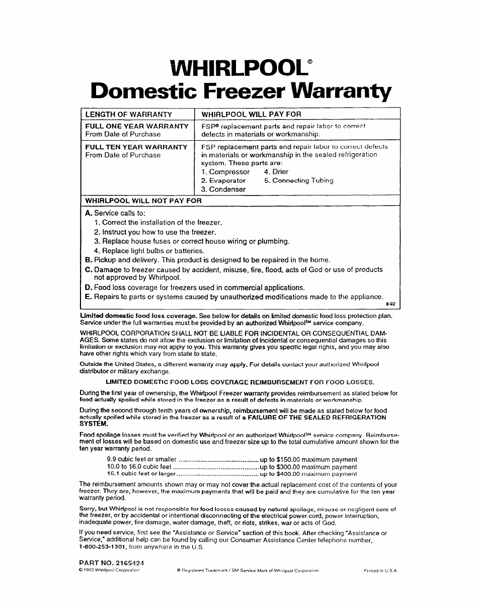 Whirlpool, Domestic freezer warranty, Whirlpool^ domestic freezer warranty | Whirlpool COMPACT FREEZER User Manual | Page 14 / 14