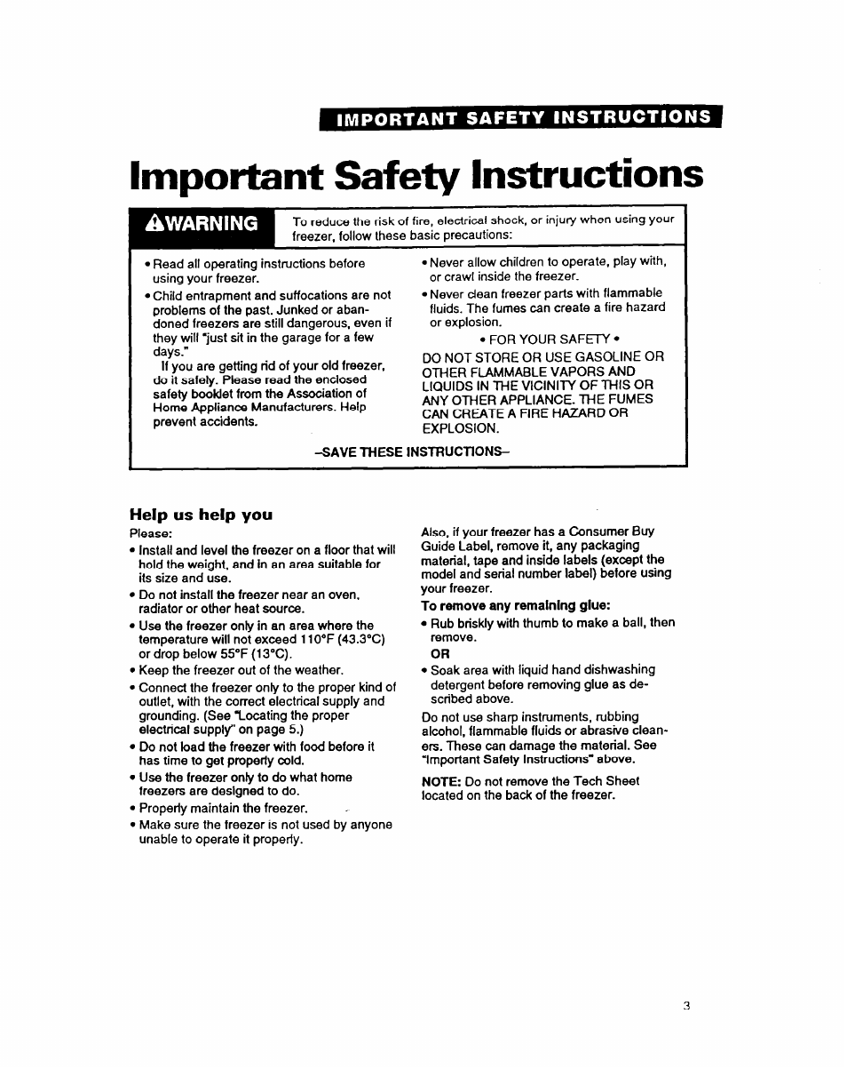 Important safety instructions, Impoitant safety instructions, Help us help you | Warning | Whirlpool COMPACT FREEZER User Manual | Page 3 / 14