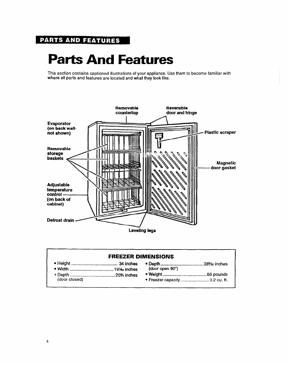 Parts and features | Whirlpool COMPACT FREEZER User Manual | Page 4 / 14