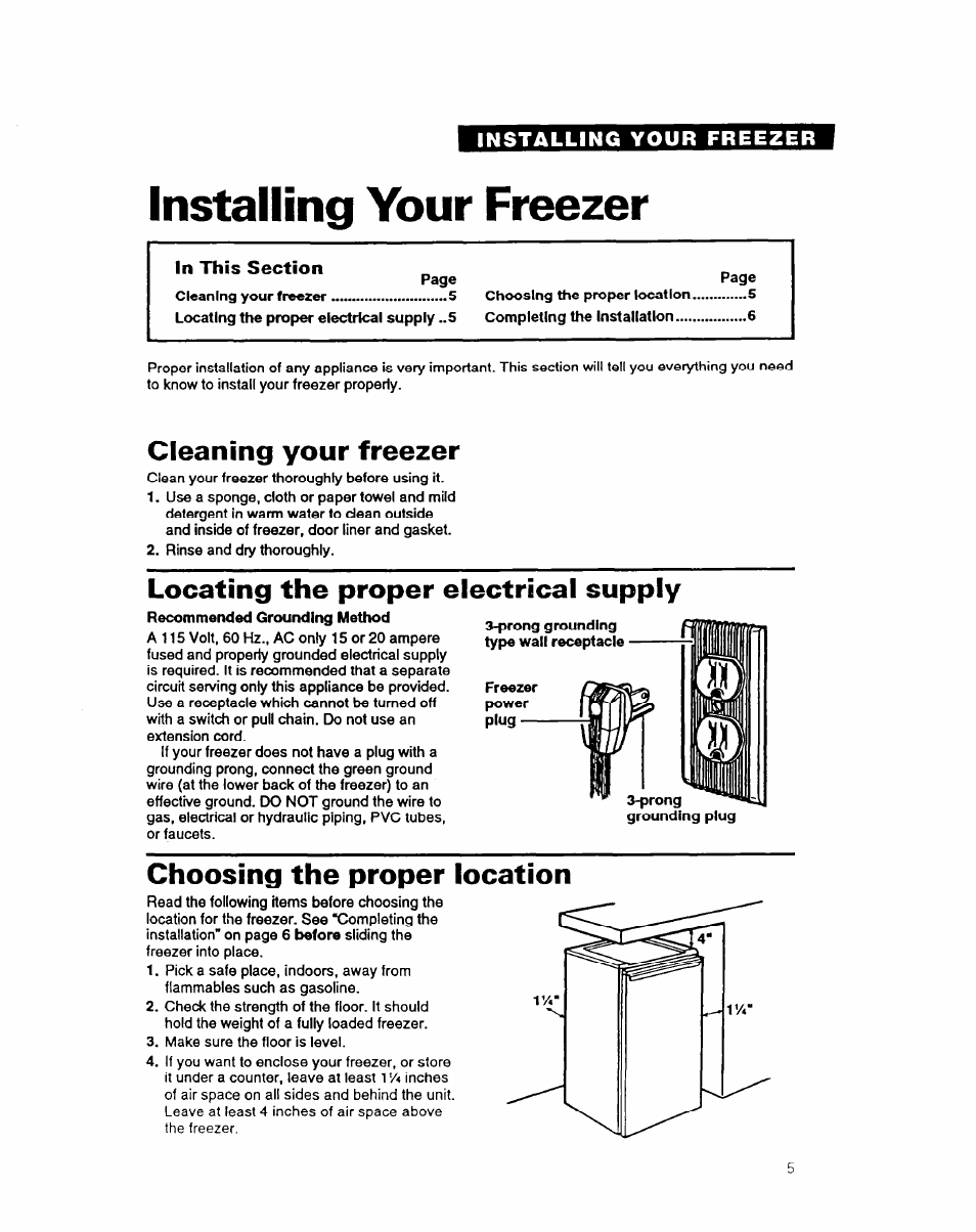 Installing your freezer, Cleaning your freezer, Locating the proper electrical supply | Choosing the proper location | Whirlpool COMPACT FREEZER User Manual | Page 5 / 14