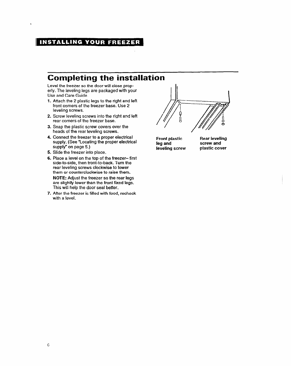 Completing the installation | Whirlpool COMPACT FREEZER User Manual | Page 6 / 14