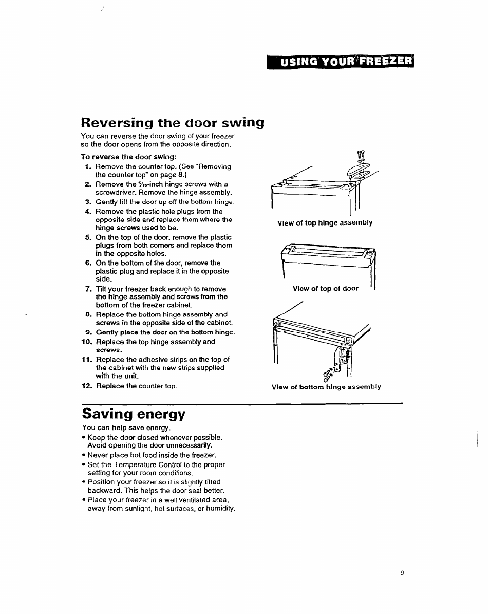 Reversing the door swing, Saving energy, Using | Fre1e2er | Whirlpool COMPACT FREEZER User Manual | Page 9 / 14
