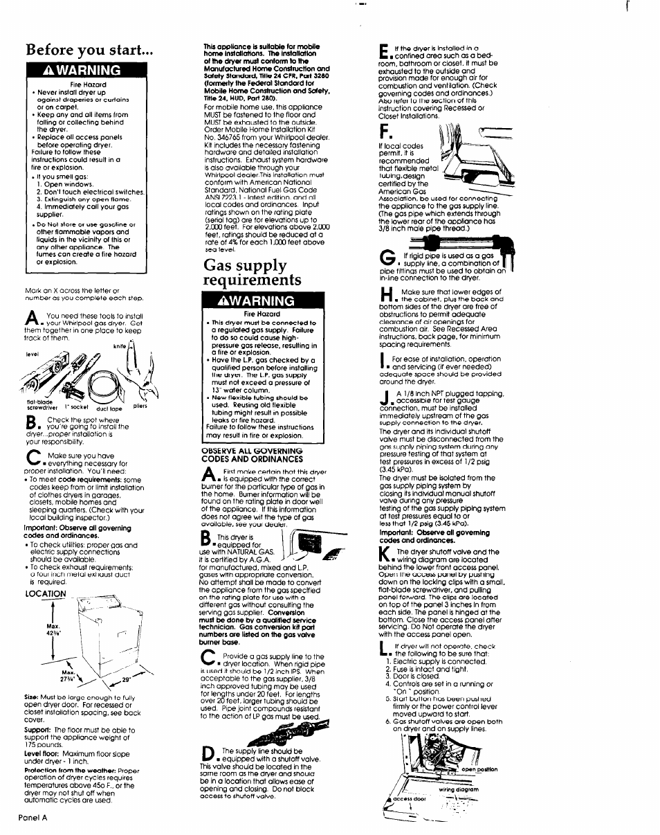 Warning, Before you start, Gas supply requirements | Whirlpool 3393 137 User Manual | Page 2 / 5