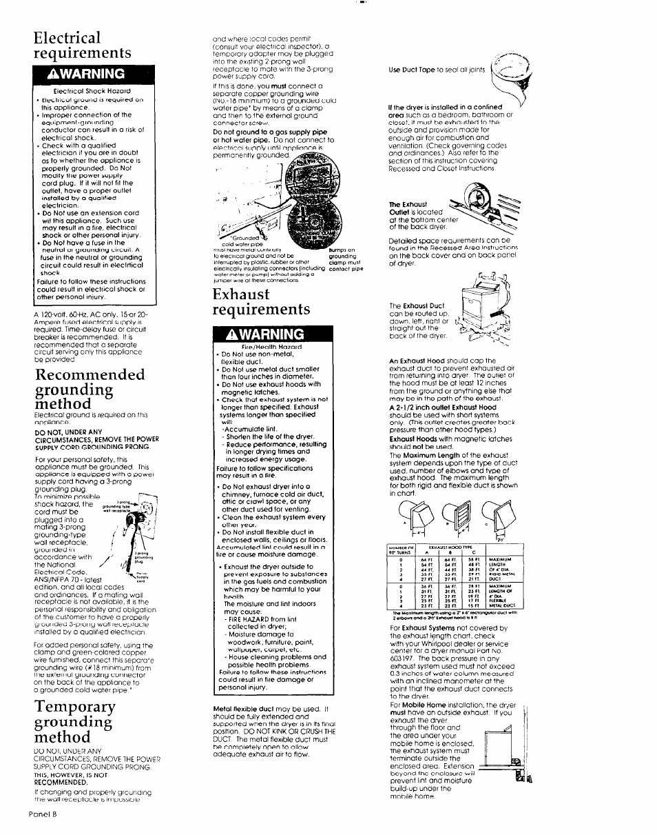 Electrical requirements awarning, Recommended grounding method, Temporary grounding method | Exhaust requirements awarning | Whirlpool 3393 137 User Manual | Page 3 / 5