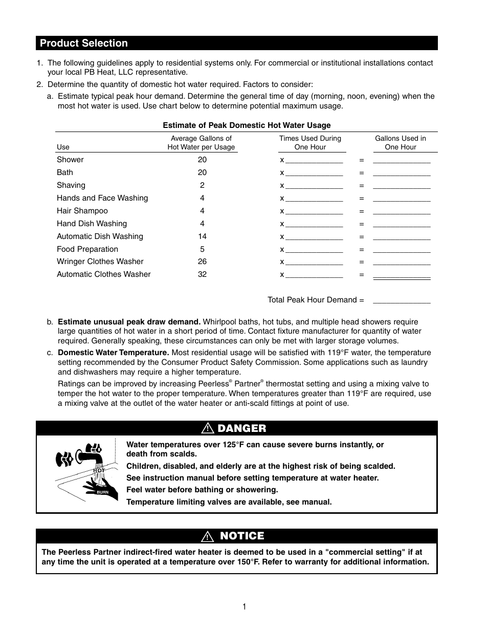 Notice danger, Product selection | Whirlpool Indirect-Fired Water Heater User Manual | Page 2 / 12