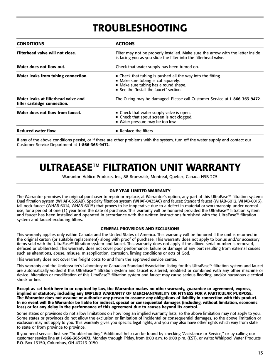 Ultraease™ filtration unit warranty, Troubleshooting | Whirlpool WHAB-6015 User Manual | Page 13 / 35