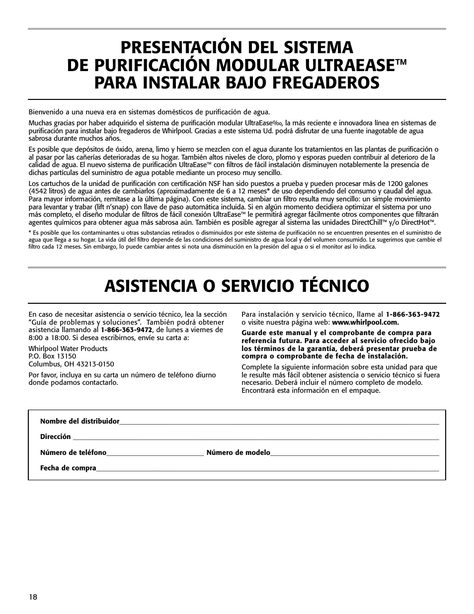 Asistencia o servicio técnico | Whirlpool WHAB-6015 User Manual | Page 18 / 35