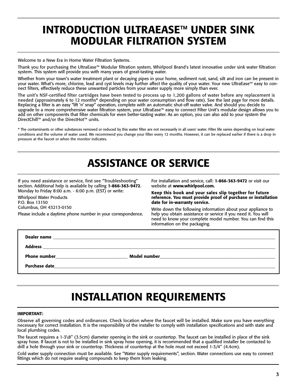 Assistance or service, Installation requirements | Whirlpool WHAB-6015 User Manual | Page 3 / 35