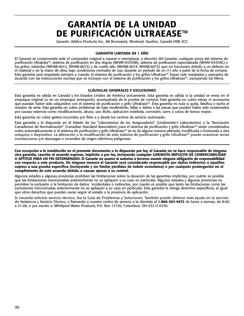 Garantía de la unidad de purificación ultraease | Whirlpool WHAB-6015 User Manual | Page 30 / 35