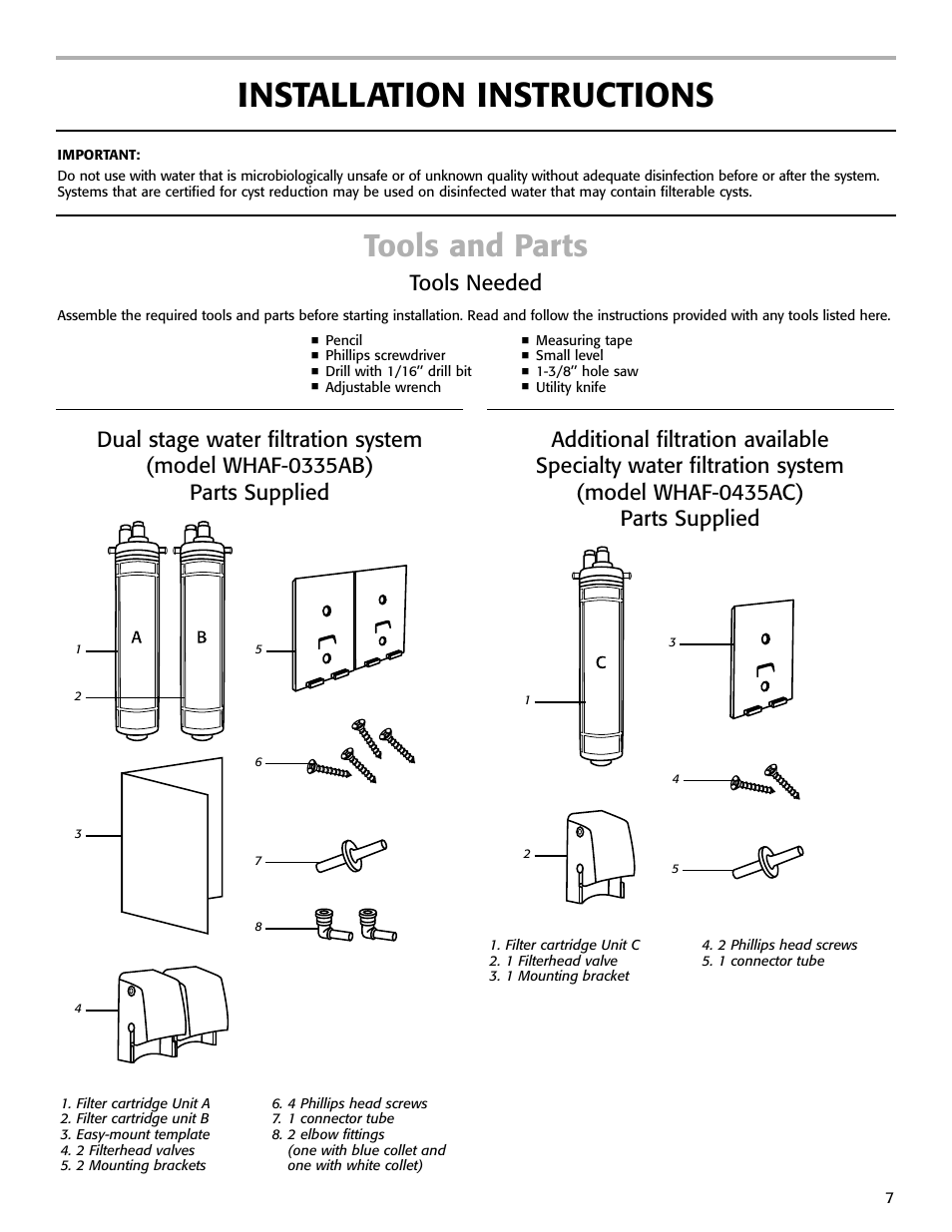 Installation instructions, Tools and parts, Tools needed | Whirlpool WHAB-6015 User Manual | Page 7 / 35