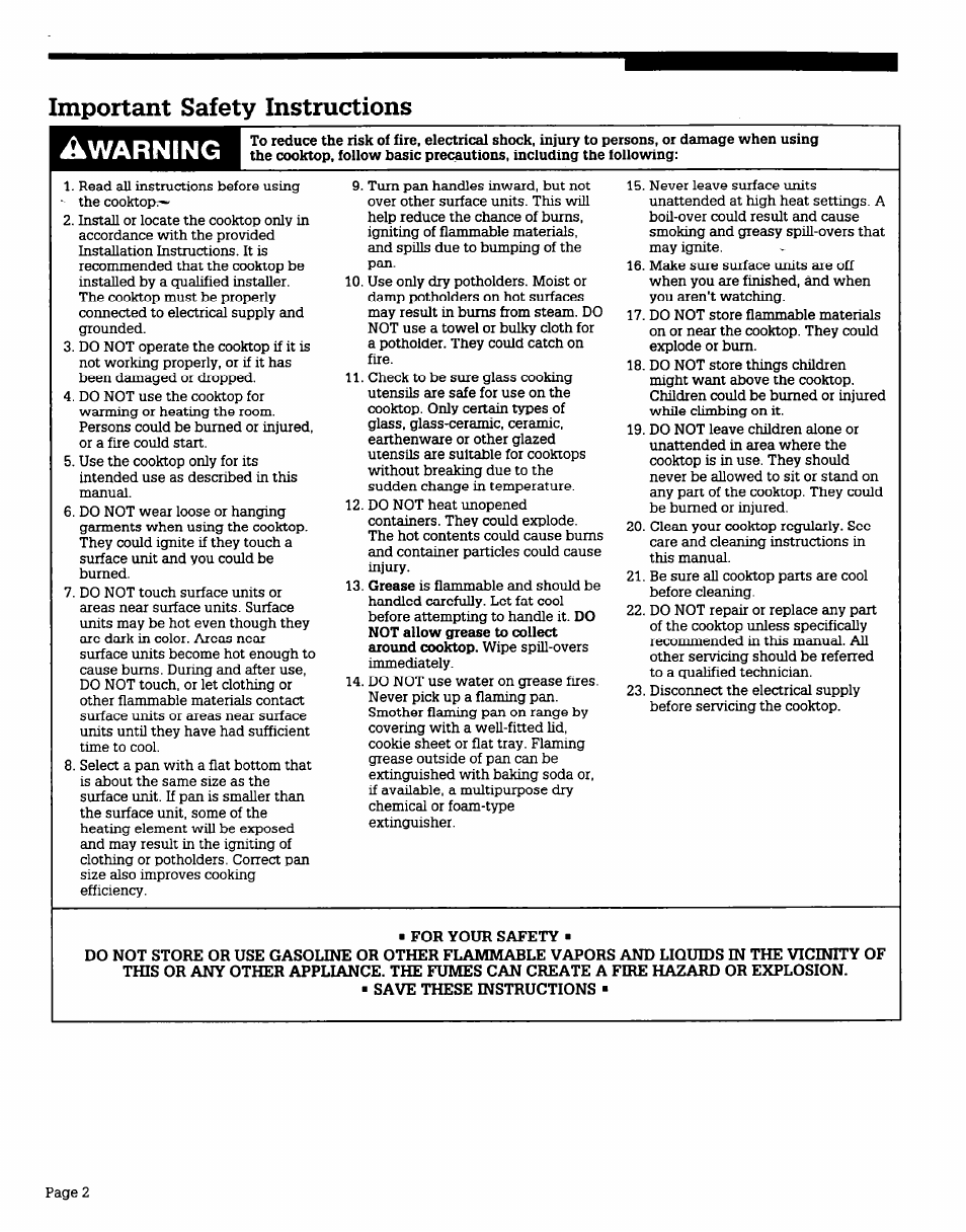 For your safety, Save these instructions, Important safety instructions | Warning, Page 2 | Whirlpool 4211866 User Manual | Page 2 / 6