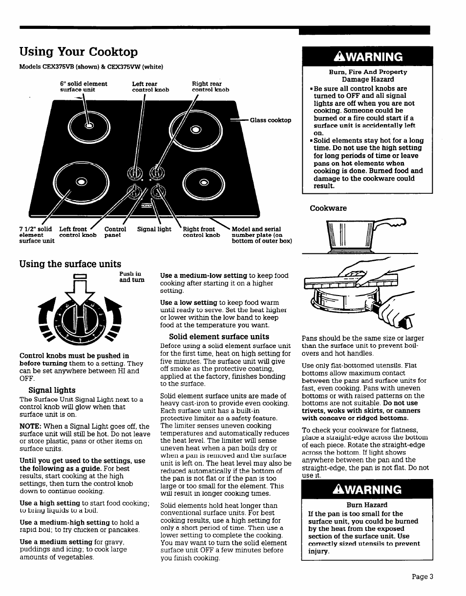 Solid element surface units, Using your cooktop, Warning | Using the surface units, Page 3 | Whirlpool 4211866 User Manual | Page 3 / 6