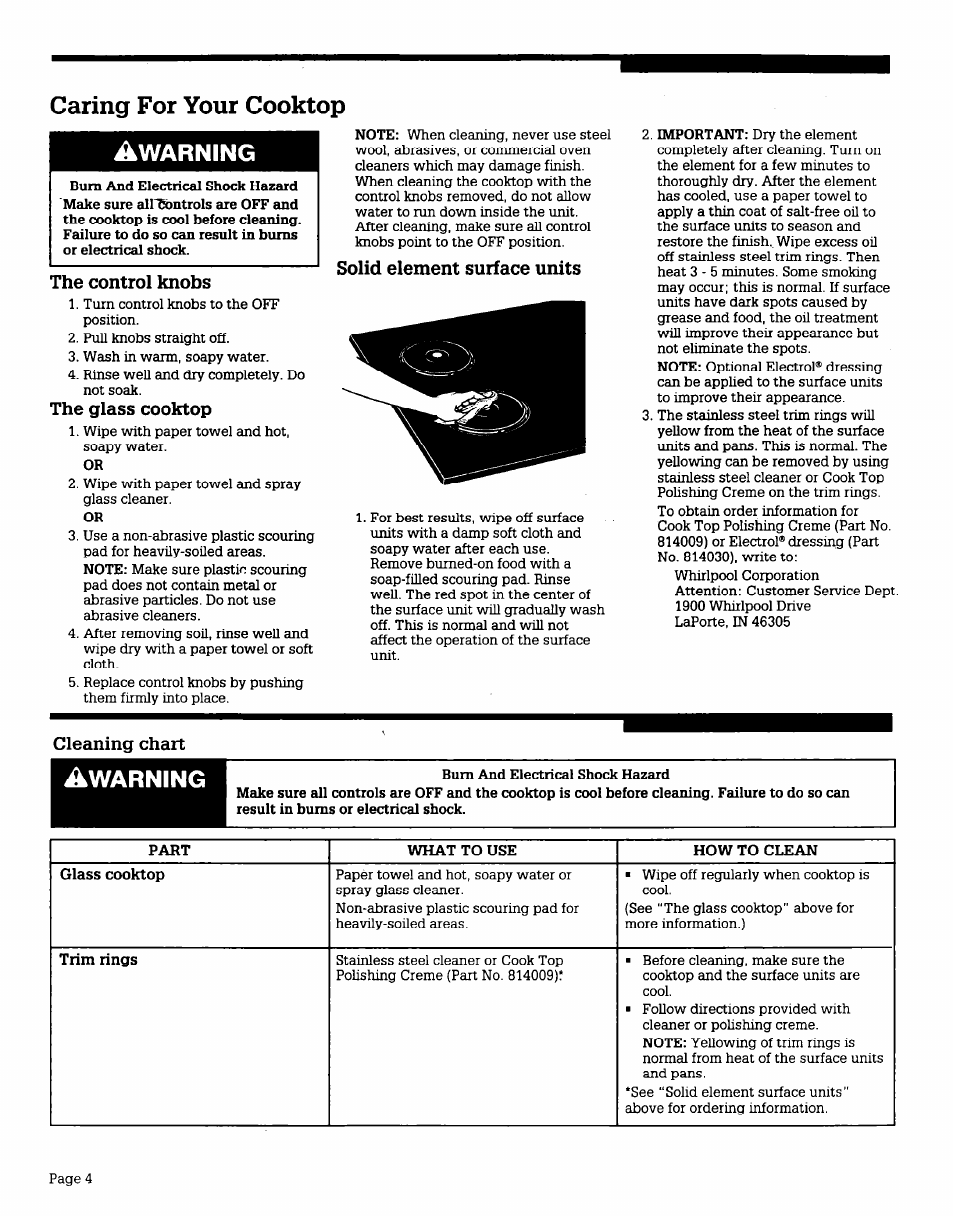 Caring for your cooktop, Warning, The control knobs | The glass cooktop, Solid element surface units, Cleaning chart, Page 4 | Whirlpool 4211866 User Manual | Page 4 / 6