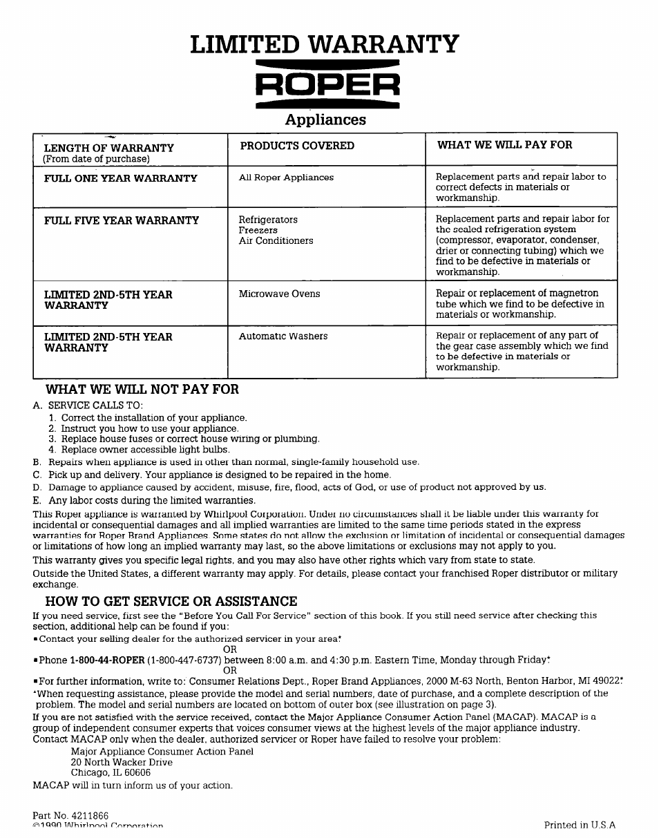 Limited warranty, Appliances, What we will not pay for | How to get service or assistance | Whirlpool 4211866 User Manual | Page 6 / 6