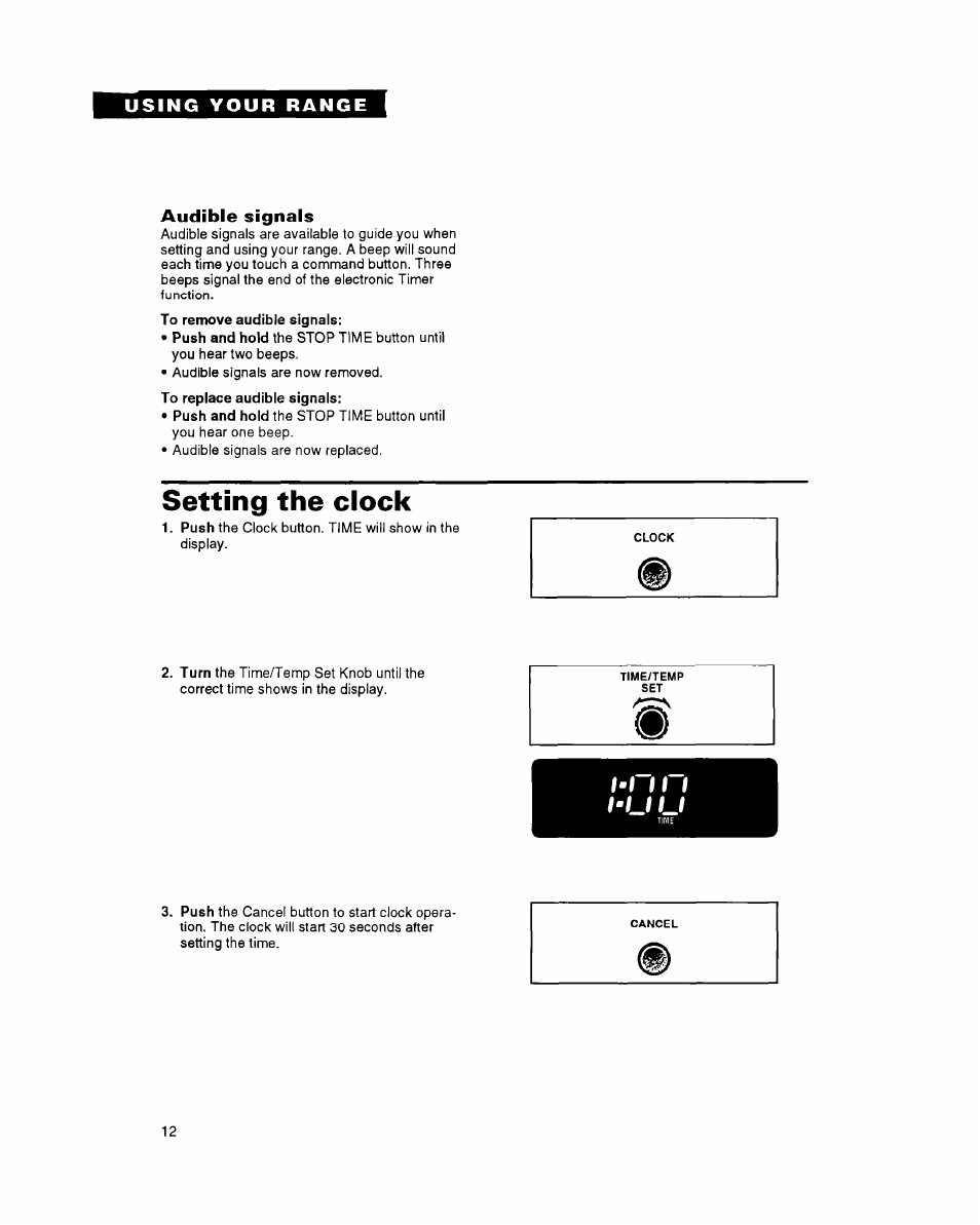 Audible signals, Setting the clock | Whirlpool FGS395Y User Manual | Page 12 / 36