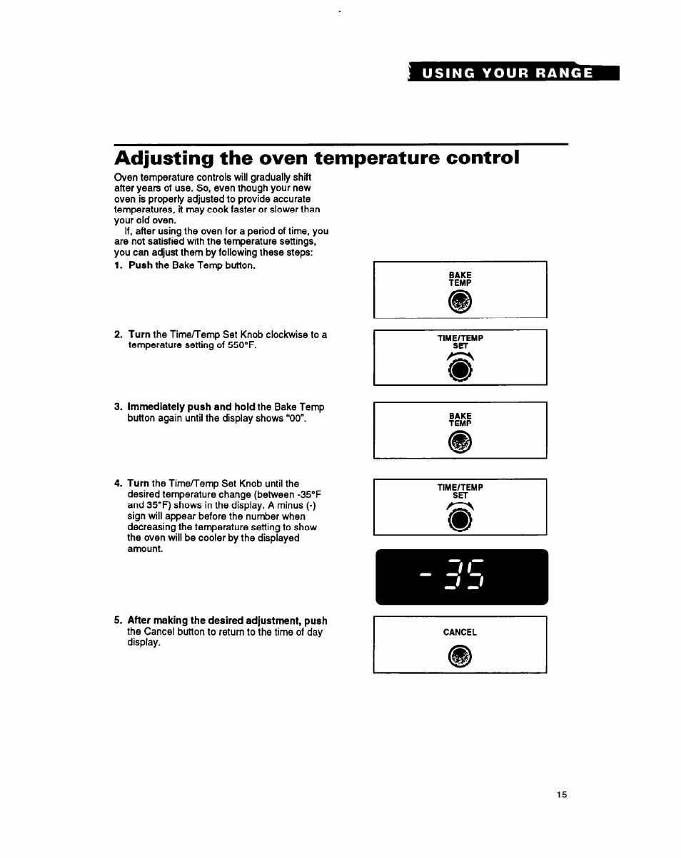 Adjusting the oven temperature control | Whirlpool FGS395Y User Manual | Page 15 / 36