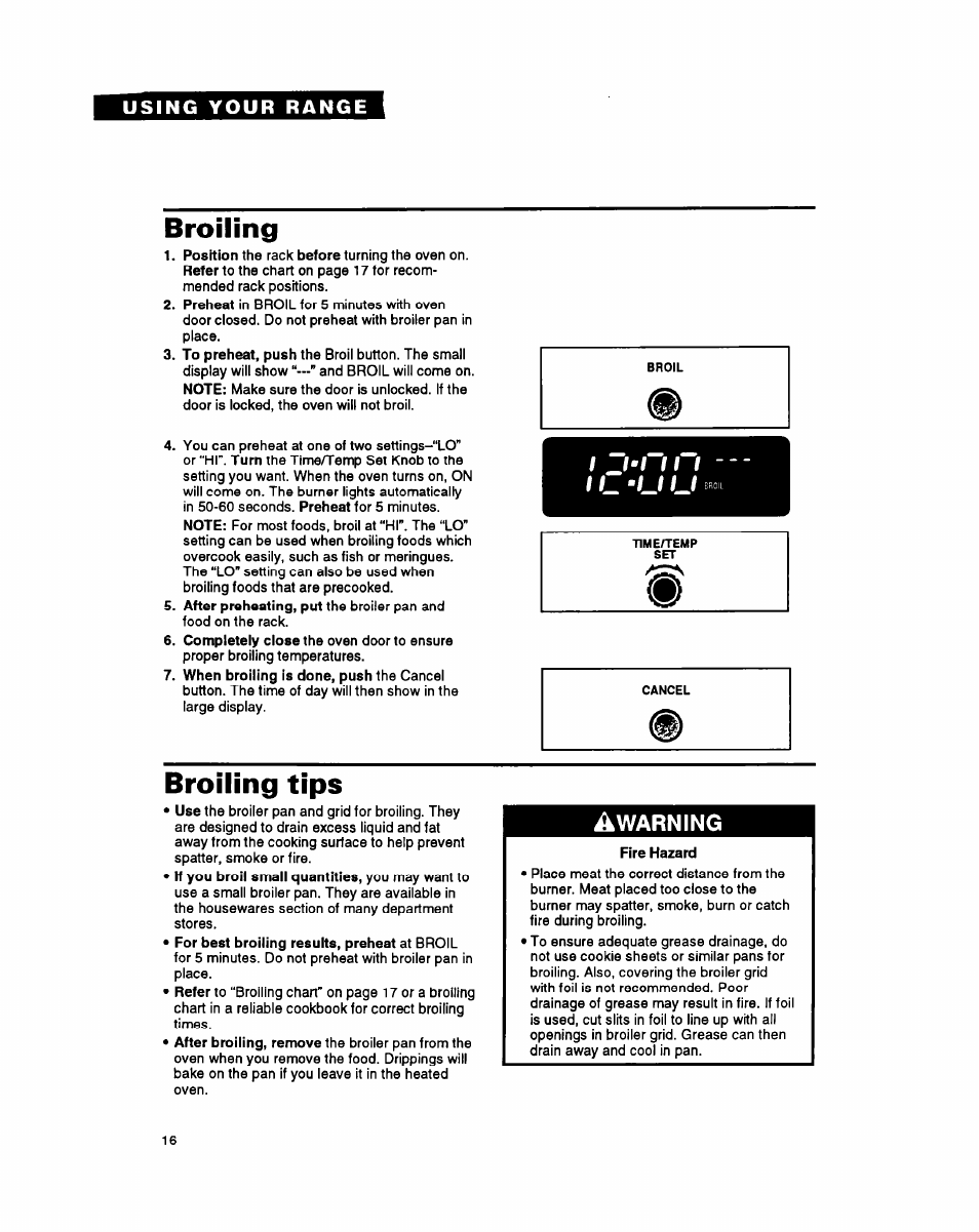 Broiling, Broiling tips, Warning | Whirlpool FGS395Y User Manual | Page 16 / 36
