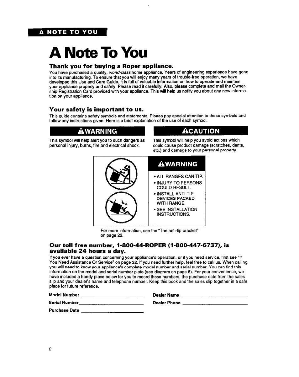 A note to you, Thank you for buying a roper appliance, Your safety is important to us | Awarning | Whirlpool FGS395Y User Manual | Page 2 / 36