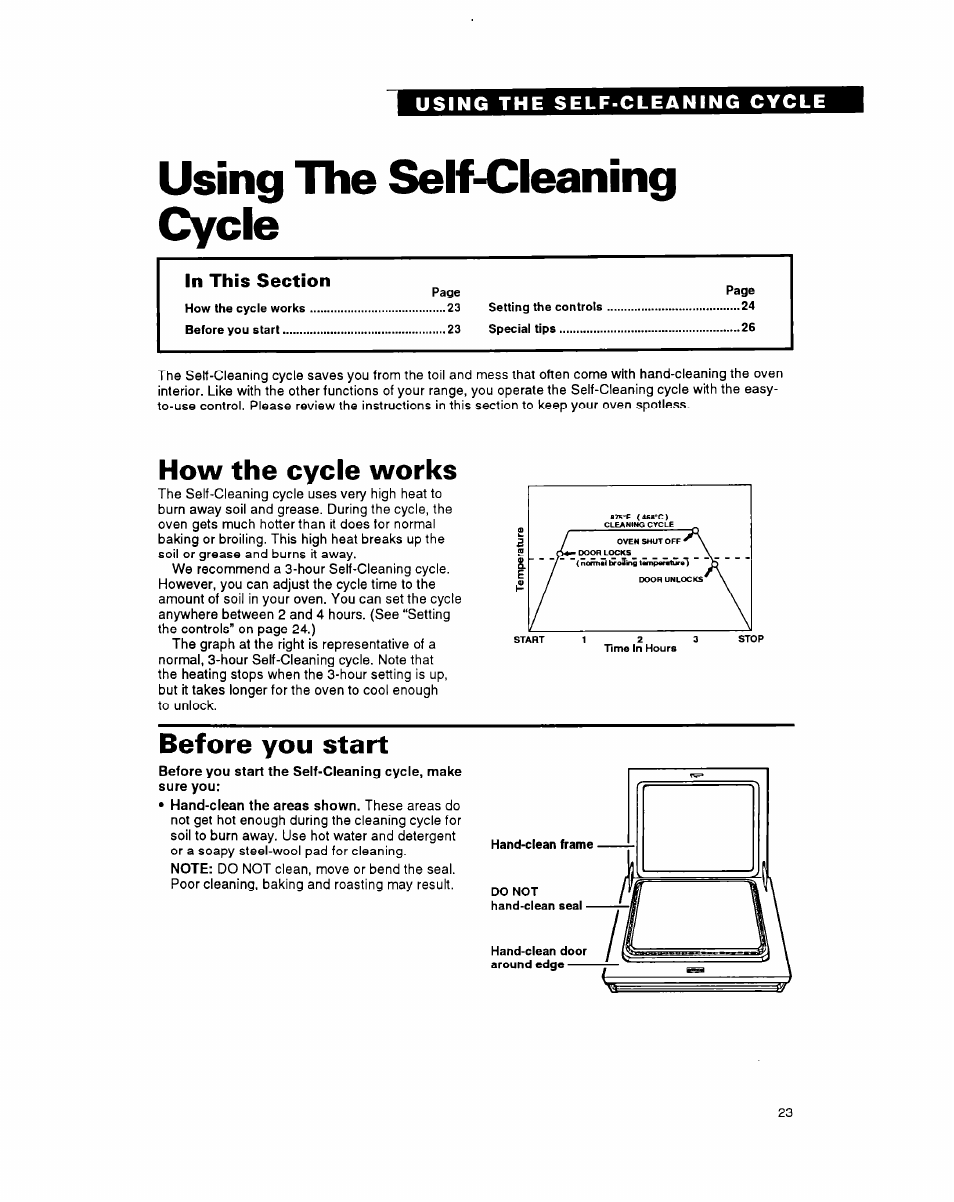 Using the self-cleaning cycle, How the cycle works, Before you start | Whirlpool FGS395Y User Manual | Page 23 / 36