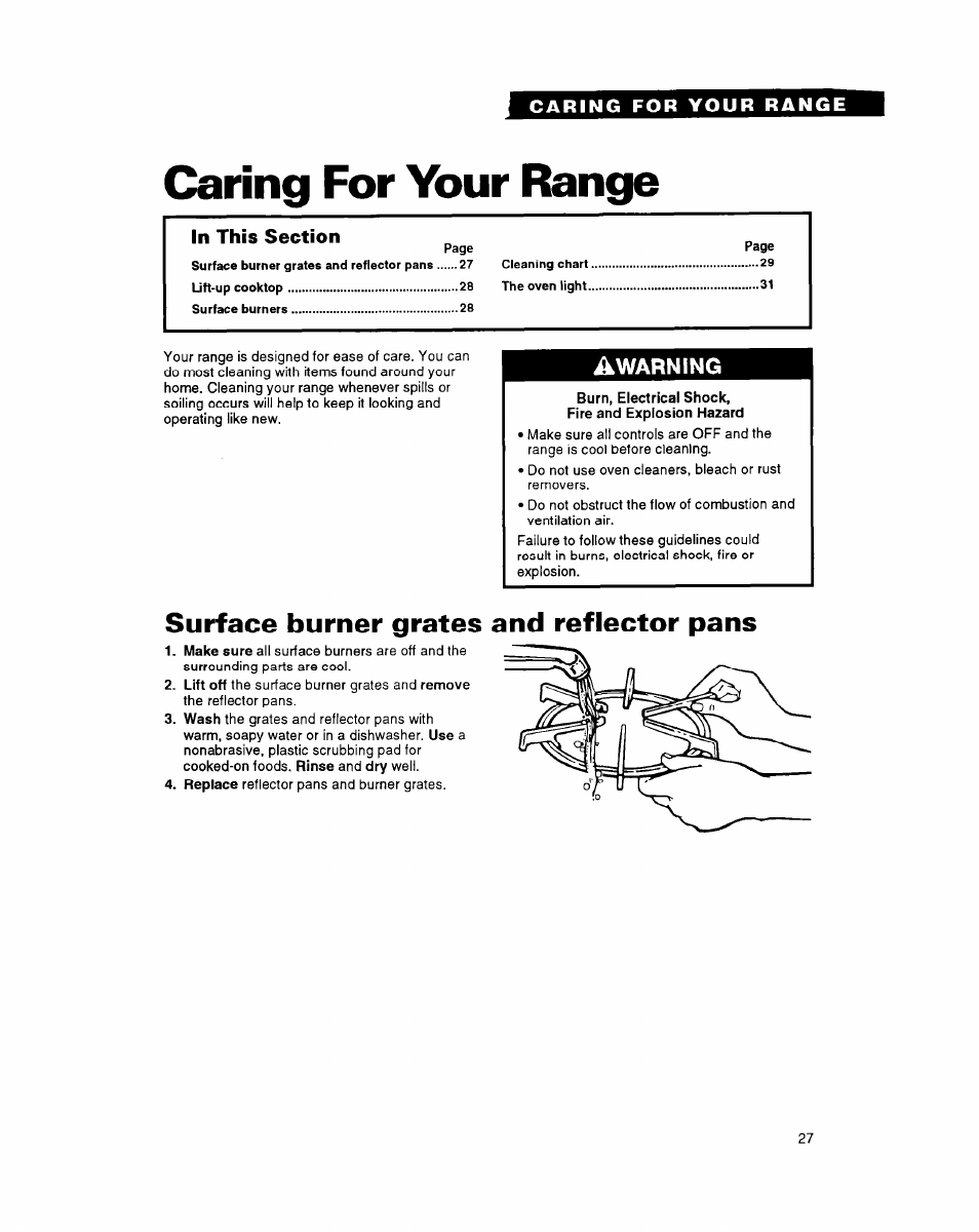 Caring for your range, Surface burner grates and reflector pans, Warning | Whirlpool FGS395Y User Manual | Page 27 / 36