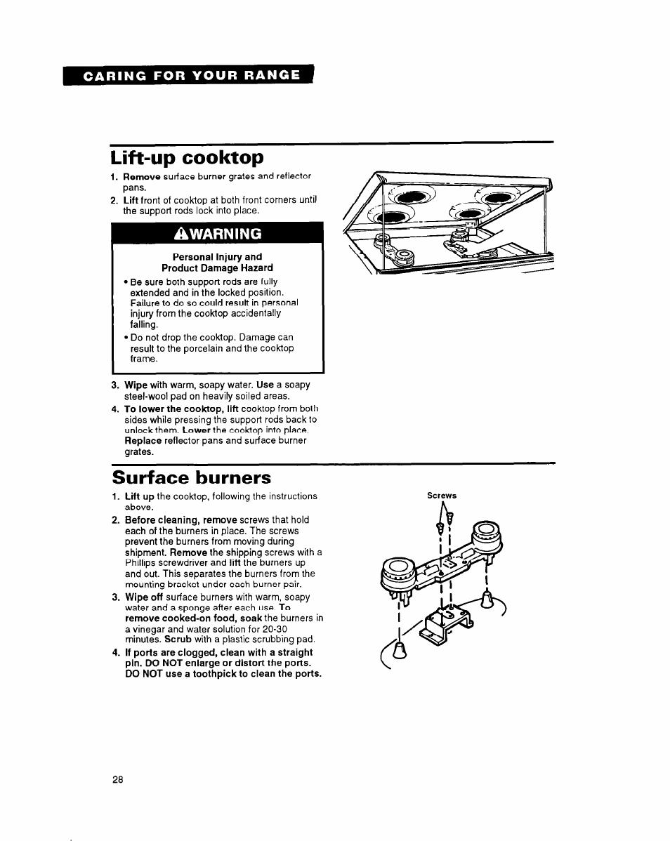 Lift-up cooktop, Surface burners, Warning | Whirlpool FGS395Y User Manual | Page 28 / 36